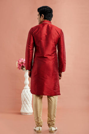 Men's Maroon Embroidered Raw Silk Kurta Pyjama Set