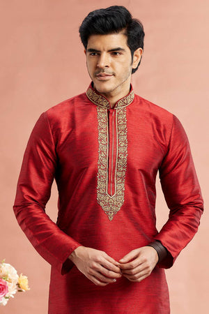 Men's Maroon Embroidered Raw Silk Kurta Pyjama Set
