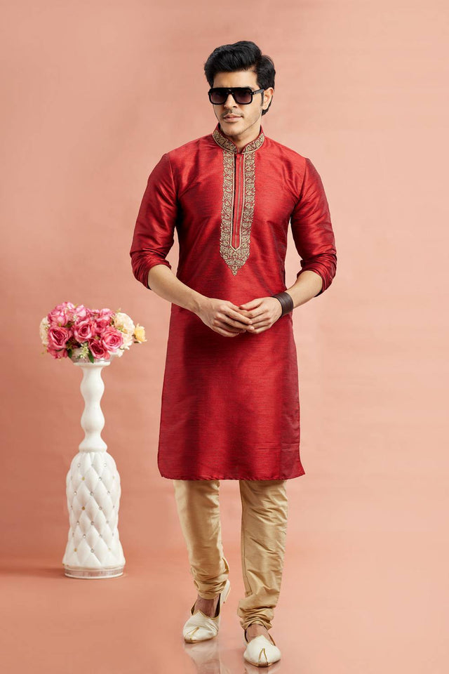 Men's Maroon Embroidered Raw Silk Kurta Pyjama Set