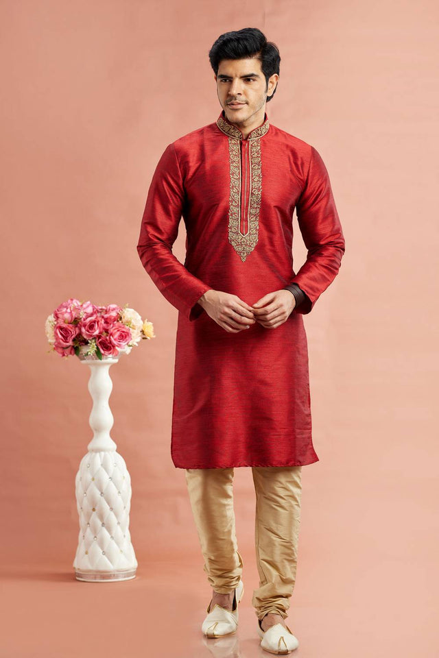 Men's Maroon Embroidered Raw Silk Kurta Pyjama Set