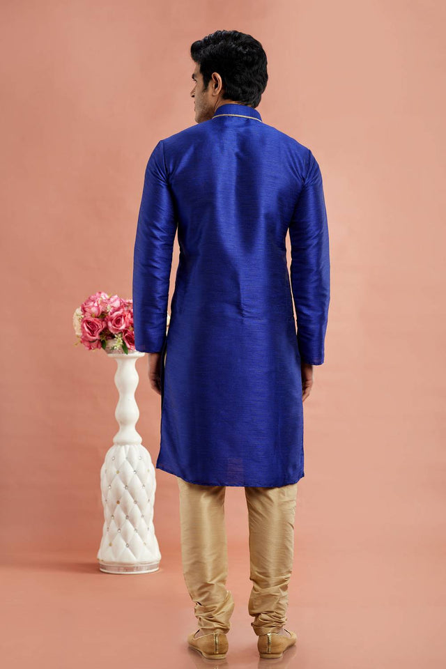Men's Blue Embroidered Raw Silk Kurta Pyjama Set