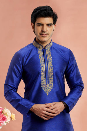 Men's Blue Embroidered Raw Silk Kurta Pyjama Set