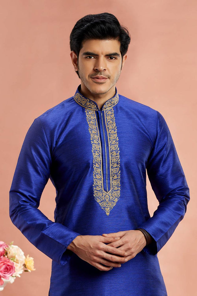 Men's Blue Embroidered Raw Silk Kurta Pyjama Set