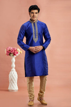 Men's Blue Embroidered Raw Silk Kurta Pyjama Set