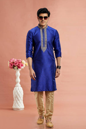 Men's Blue Embroidered Raw Silk Kurta Pyjama Set