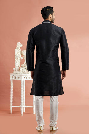 Men's Black Embroidered Raw Silk Kurta Pyjama Set