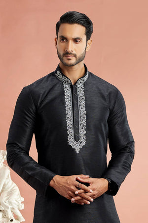 Men's Black Embroidered Raw Silk Kurta Pyjama Set