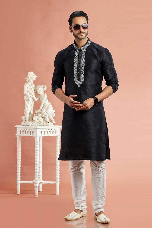 Men's Black Embroidered Raw Silk Kurta Pyjama Set