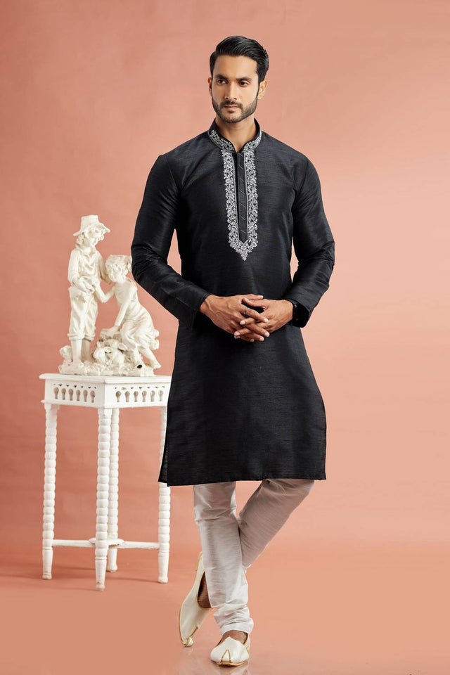 Men's Black Embroidered Raw Silk Kurta Pyjama Set