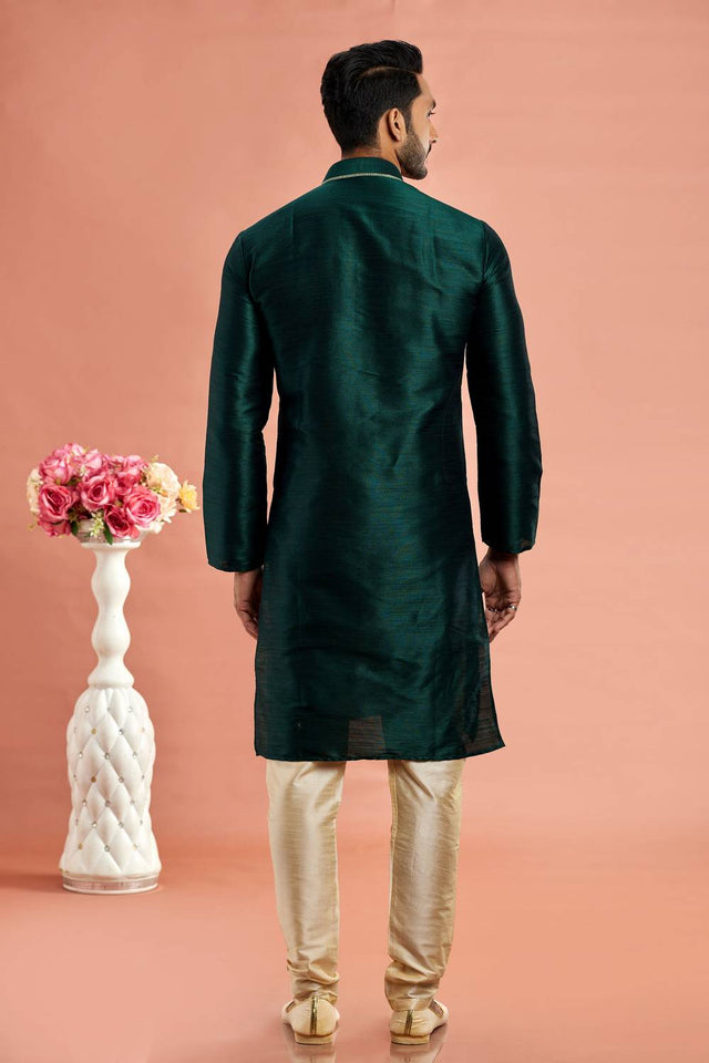 Men's Green Embroidered Raw Silk Kurta Pyjama Set