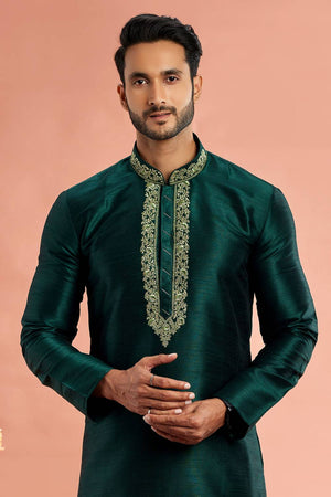Men's Green Embroidered Raw Silk Kurta Pyjama Set