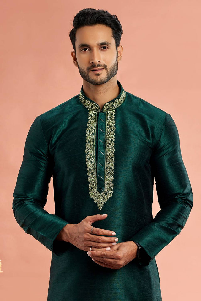 Men's Green Embroidered Raw Silk Kurta Pyjama Set