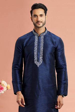 Men's Blue Embroidered Raw Silk Kurta Pyjama Set