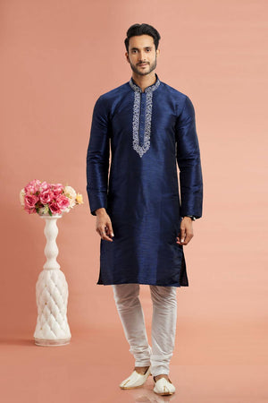 Men's Blue Embroidered Raw Silk Kurta Pyjama Set