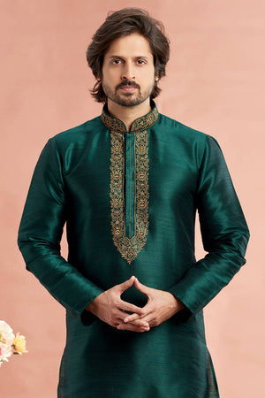 Men's Green Embroidered Raw Silk Kurta Pyjama Set