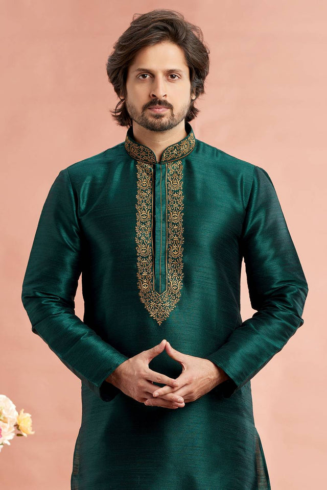Men's Green Embroidered Raw Silk Kurta Pyjama Set