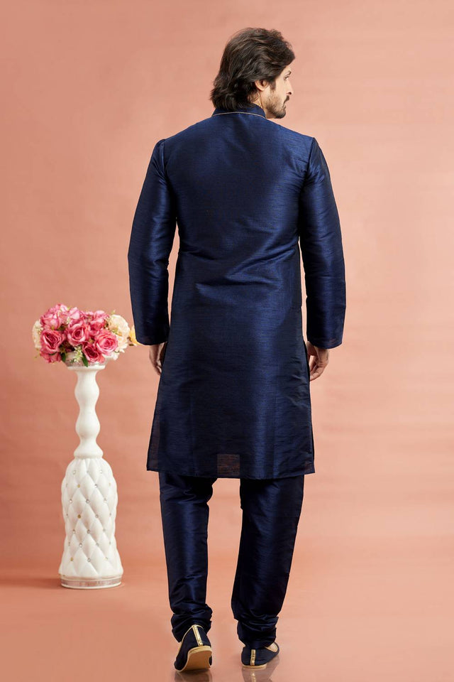 Men's Blue Embroidered Raw Silk Kurta Pyjama Set