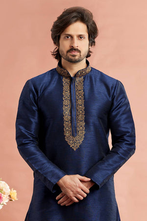 Men's Blue Embroidered Raw Silk Kurta Pyjama Set