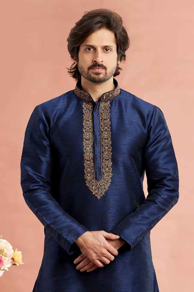 Men's Blue Embroidered Raw Silk Kurta Pyjama Set