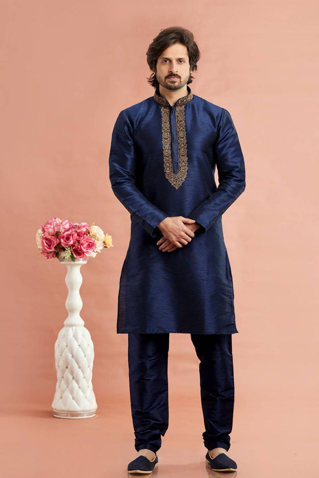 Men's Blue Embroidered Raw Silk Kurta Pyjama Set