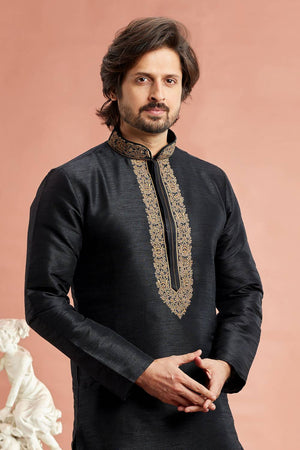 Men's Black Embroidered Raw Silk Kurta Pyjama Set