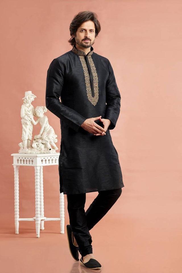 Men's Black Embroidered Raw Silk Kurta Pyjama Set