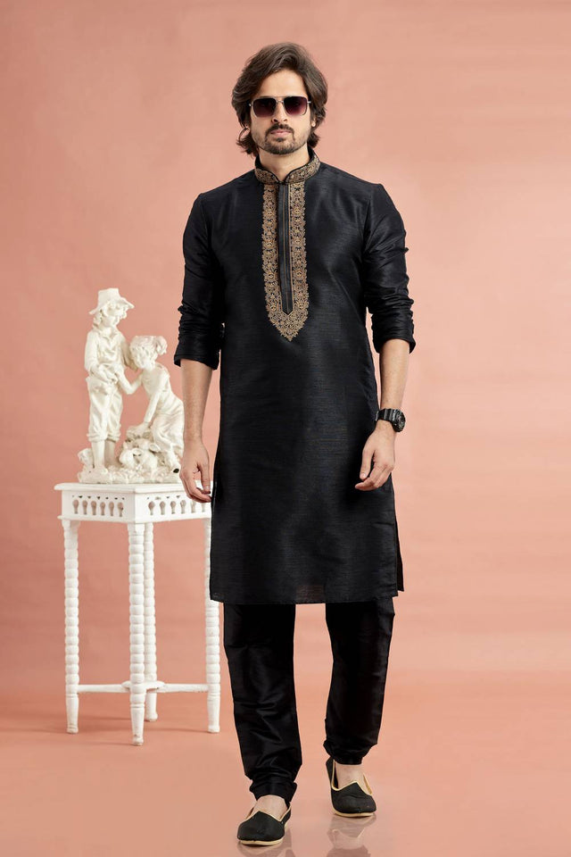 Men's Black Embroidered Raw Silk Kurta Pyjama Set