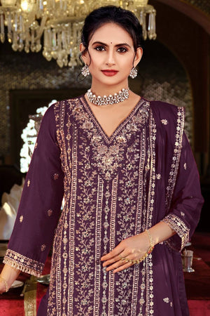 Wine Sequin with Embroidered Chinon Palazzo Suits