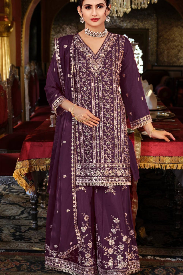 Wine Sequin with Embroidered Chinon Palazzo Suits