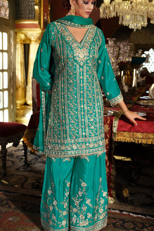 Sea Green Sequin with Embroidered Chinon Palazzo Suits