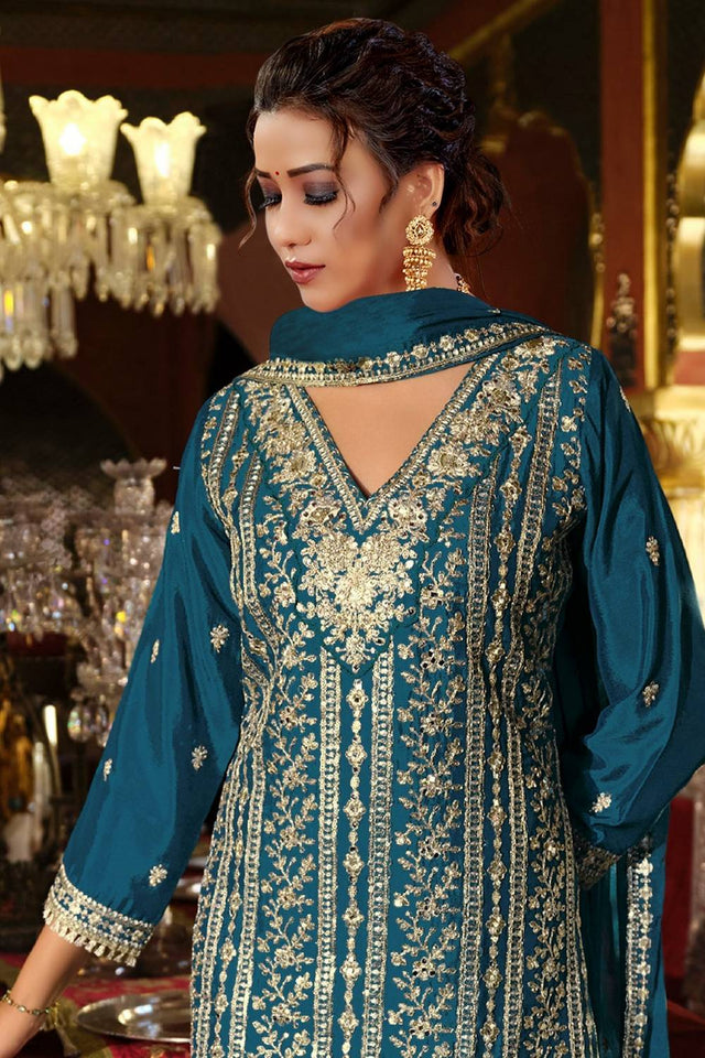 Blue Sequin with Embroidered Chinon Palazzo Suits