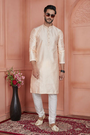 Peach Embroidered Jacquard Kurta Pyjama Set