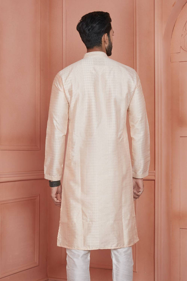 Peach Embroidered Jacquard Kurta Pyjama Set