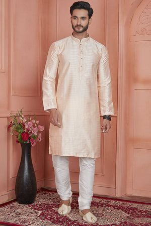 Peach Embroidered Jacquard Kurta Pyjama Set