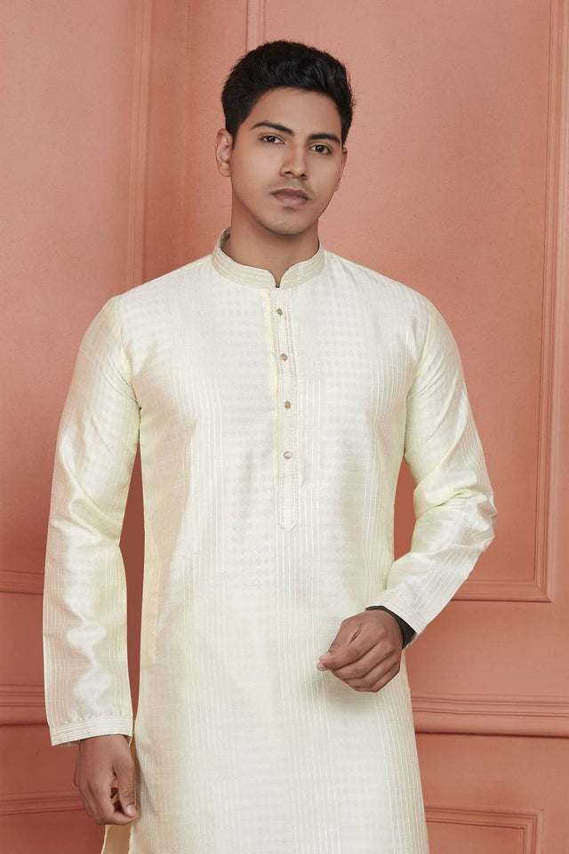 Yellow Embroidered Jacquard Kurta Pyjama Set