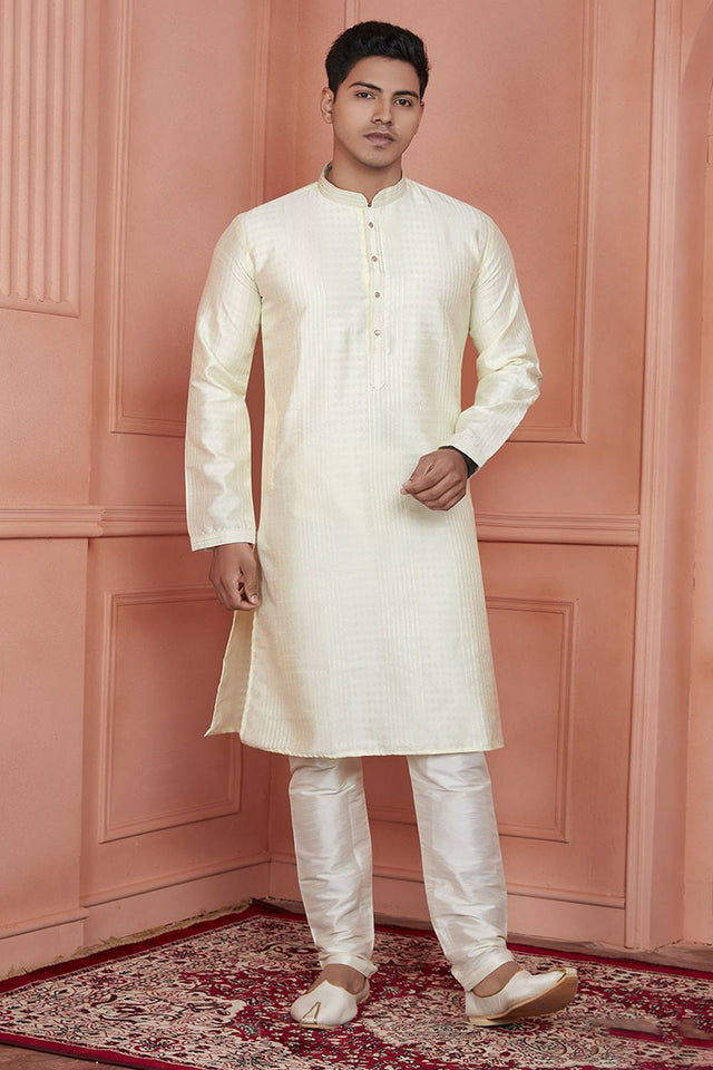 Yellow Embroidered Jacquard Kurta Pyjama Set