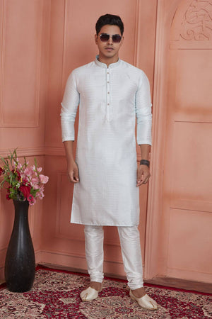 Off White Embroidered Jacquard Kurta Pyjama Set
