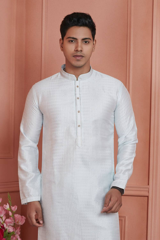 Off White Embroidered Jacquard Kurta Pyjama Set