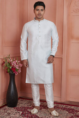 Off White Embroidered Jacquard Kurta Pyjama Set