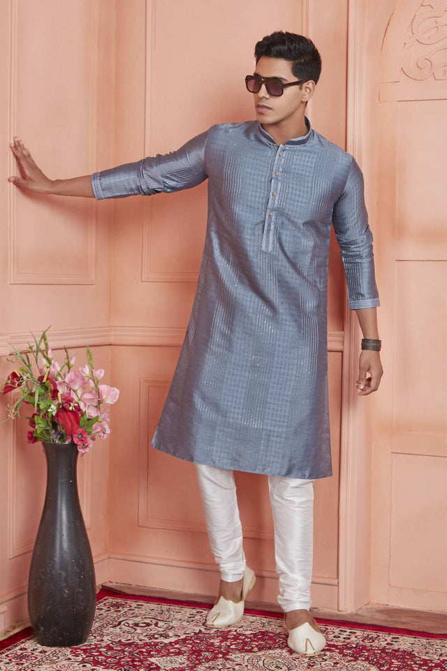 Grey Embroidered Jacquard Kurta Pyjama Set