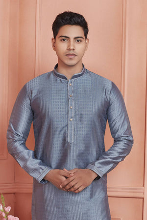 Grey Embroidered Jacquard Kurta Pyjama Set