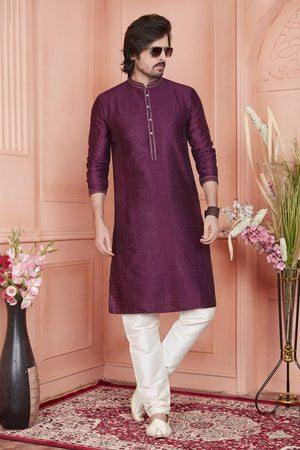 Magenta Embroidered Jacquard Kurta Pyjama Set
