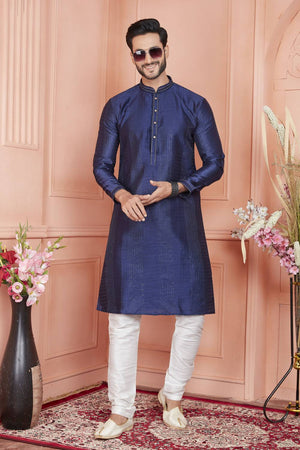Blue Embroidered Jacquard Kurta Pyjama Set