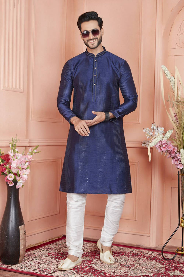 Blue Embroidered Jacquard Kurta Pyjama Set