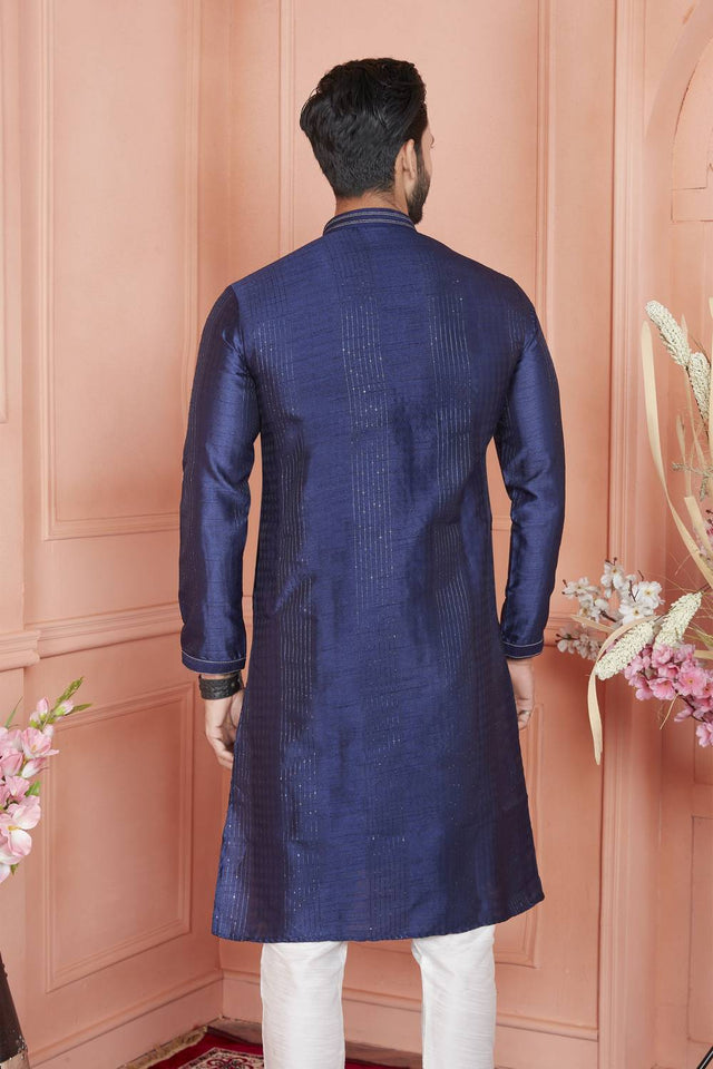 Blue Embroidered Jacquard Kurta Pyjama Set