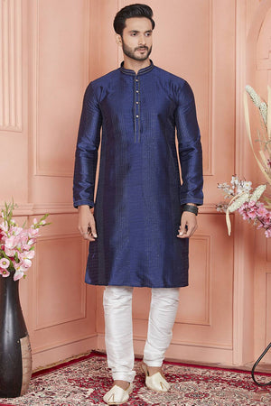 Blue Embroidered Jacquard Kurta Pyjama Set