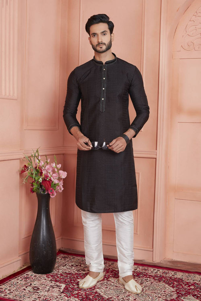 Black Embroidered Jacquard Kurta Pyjama Set