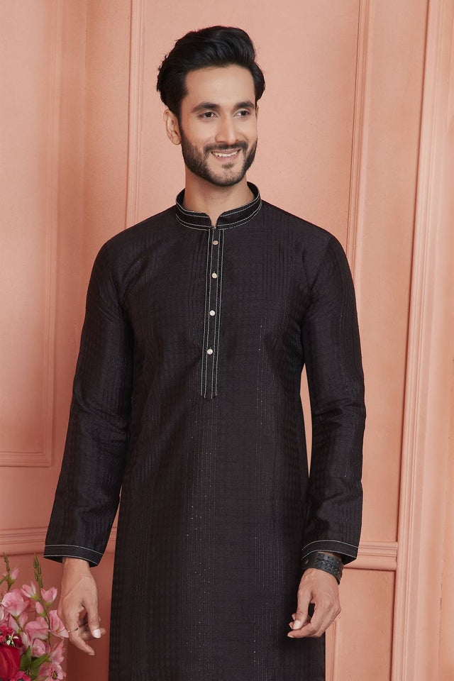Black Embroidered Jacquard Kurta Pyjama Set