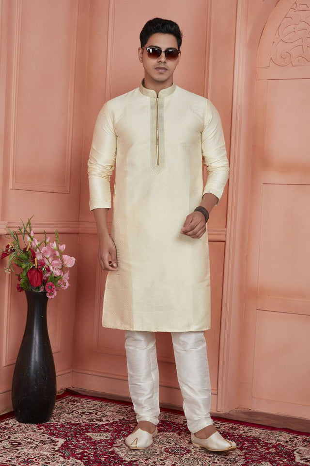 Cream Embroidered Jacquard Kurta Pyjama Set