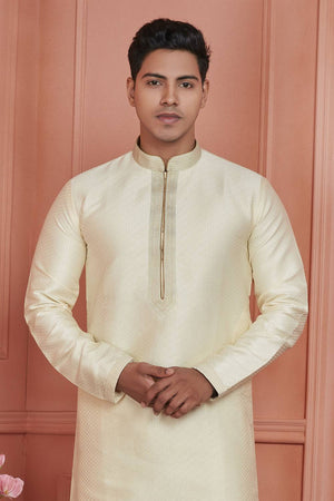 Cream Embroidered Jacquard Kurta Pyjama Set